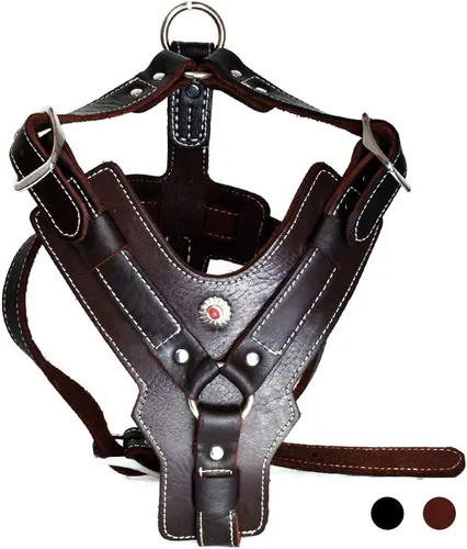 Miniatura 6 de Arnés de cuero para perro, hecho a mano, de cuero genuino, duradero, fuerte, con correas ajustables, sin tirones, chaleco para mascotas de fácil