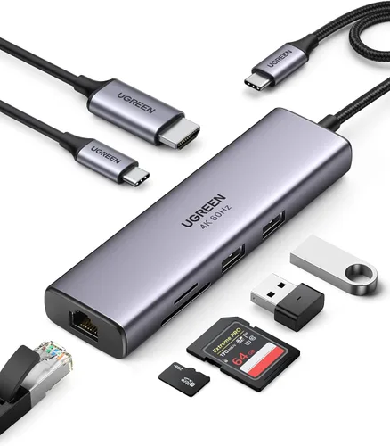 Miniatura 8 de UGREEN Revodok - Hub USB C 7 en 1 con adaptador Gigabit Ethernet, HDMI 4K@60Hz, carga PD de 100W, puertos de datos USB A, lector de tarjetas SD/TF