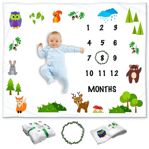 Miniatura 9 de Manta Milestone para bebé niño – Manta mensual de bebé, seguimiento del crecimiento para recién nacido, decoración de guardería de bosque, tema