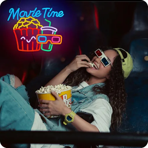 Miniatura 5 de Movie Time - Letrero de neón para sala de cine de palomitas de maíz, luz LED, alimentada por USB, para decoración de pared, sala de cine, fiesta