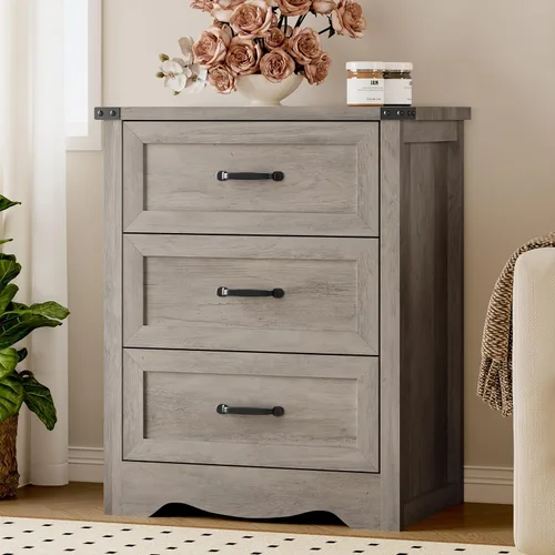 Miniatura 8 de BORNOON Cómoda de 3 cajones para dormitorio, pequeña cómoda de madera con asas de metal, armario de almacenamiento estrecho con diseño antivuelcos