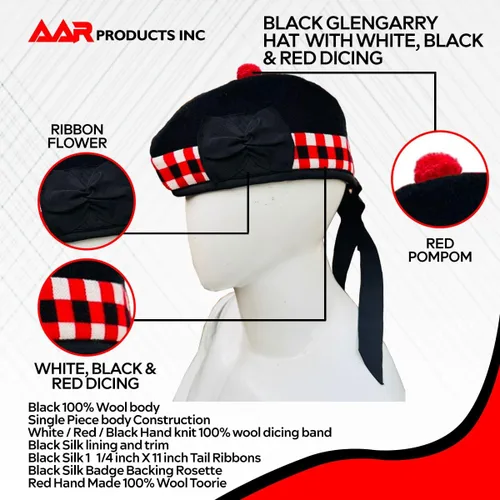 Miniatura 23 de AAR Gorros Glengarry Balmoral Kilt Scottish para hombre en dados y lisos 100% lana Piper 52-62