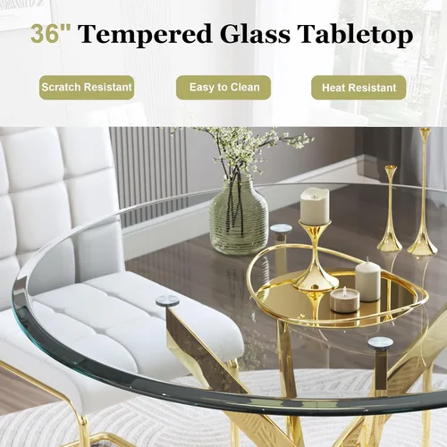Miniatura 4 de Mesa de comedor redonda de vidrio de 36 pulgadas para 4 personas, mesa de cocina de vidrio circular pequeño con parte superior templada transparente