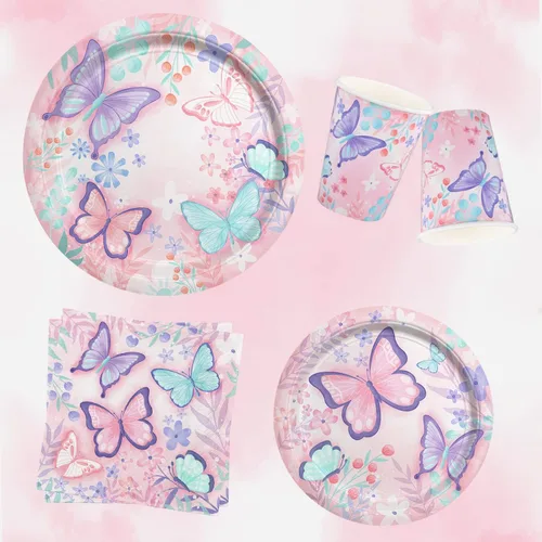 Miniatura 3 de Suministros de fiesta de cumpleaños de mariposas, platos de papel desechables, servilletas, vasos, mantel y pancarta para decoración de cumpleaños