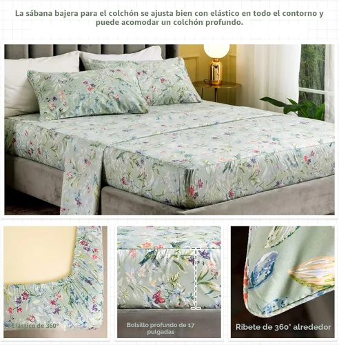 Miniatura 3 de QSH Juego de sábanas tamaño King con estampado floral - Estampado botánico de flores verdes, pájaros y mariposas, ropa de cama de algodón egipcio