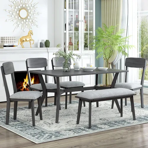 Miniatura 28 de Juego de mesa de comedor de madera de 6 piezas, juego de mesa de cocina con rectangular, juego de mesa de comedor con banco tapizado y 4 sillas