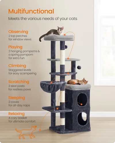 Miniatura 6 de Feandrea Árbol para gatos, torre para gatos de 60 pulgadas, condominio de felpa de varios niveles con 2 cuevas, 3 postes rascadores, 3 perchas, gris