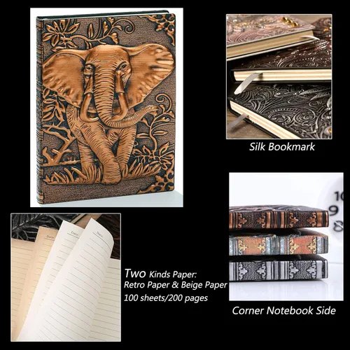 Miniatura 3 de Diario de Cuero Vintage con Elefante 3D con Juego de Bolígrafos, Libreta Diaria de Cuero Antiguo Hecha a Mano, Cuaderno de Bocetos, Diario de Viaje