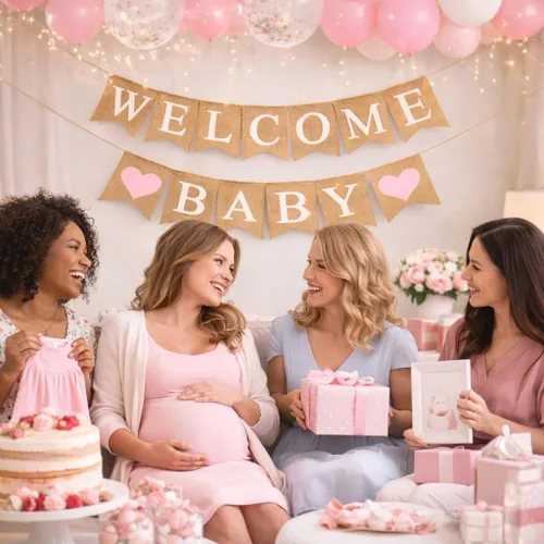 Miniatura 5 de Cartel de arpillera de bienvenida para decoración de baby shower y fiesta de revelación de género (corazones rosa claro)