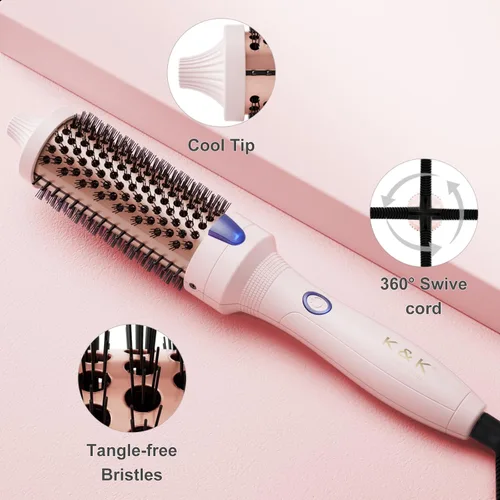 Miniatura 4 de K&K Cepillo rizador de cerámica turmalina iónica de 1.5 pulgadas con voluminizador - Cepillo caliente que crea volumen en las raíces y rizos Rosa