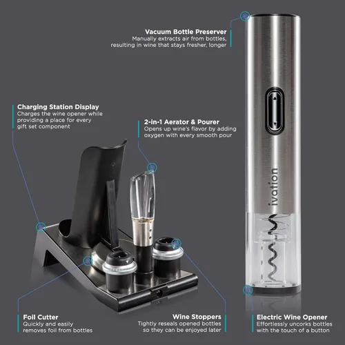 Miniatura 6 de Ivation Juego de regalo de vino 6 en 1: incluye abridor eléctrico de acero inoxidable, conservador al vacío, 2 tapones de corcho, cortador de papel
