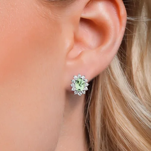 Miniatura 25 de Gem Stone King Aretes ovalados de plata de ley 925 de 0.276 x 0.197 in con piedra natal de la princesa Diana, estilo halo real para mujeres