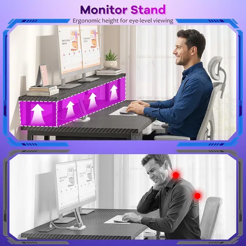 Miniatura 7 de Escritorio negro para juegos con luces RGB y 3 tomas de corriente alterna, escritorio de computadora de oficina con soporte de monitor de 55