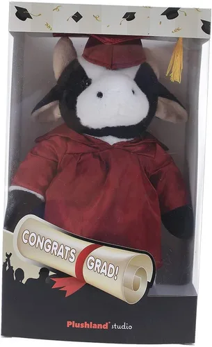 Miniatura 3 de Plushland Juguetes de peluche de vaca, regalos para el día de graduación, texto personalizado, nombre o logotipo de tu escuela en el vestido, lo
