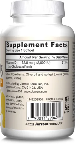 Miniatura 10 de Jarrow Formulas vitamina D3, 2500 IU, 100 cápsulas blandas, D2500, 1, 1