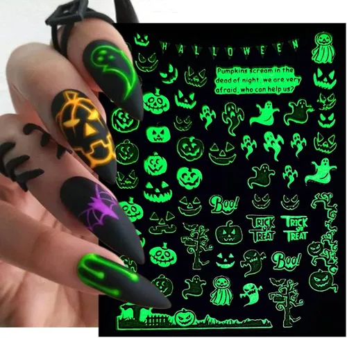 Miniatura 9 de Calcomanías de uñas de Halloween, que brillan en la oscuridad, calcomanías de uñas luminosas 3D, autoadhesivas, calabaza, calavera, murciélago