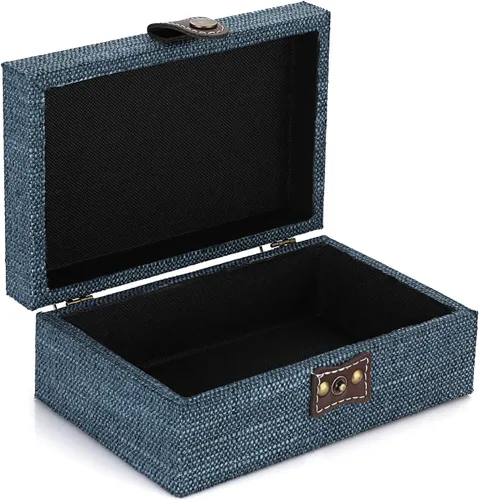 Miniatura 9 de Hipiwe Joyero de cofre del tesoro, caja decorativa de madera con cierre, caja de recuerdos cubierta de lino, caja de recuerdos rectangular