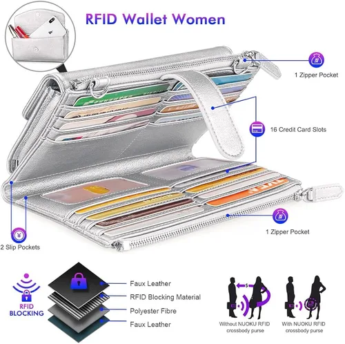 Miniatura 4 de nuoku Pulsera de viaje con doble cremallera cartera RFID para mujer con 2 correas