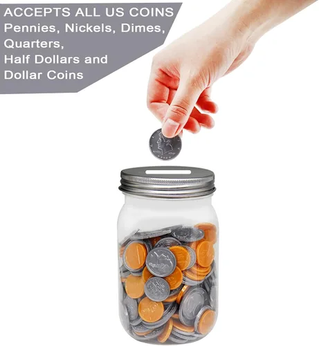 Miniatura 3 de Paquete de 4 tarros pequeños para monedas, de plástico transparente de 16 onzas, con tapas ranuradas plateadas, pequeñas alcancías de plástico