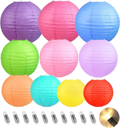 LIHAO 10 linternas de papel coloridas con luces, linternas chinas multicolores, linternas de papel colgantes para decoración de fiestas, bodas,