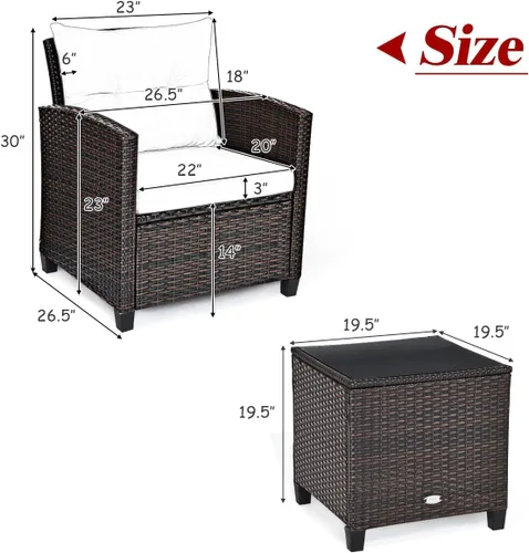 Miniatura 3 de RELAX4LIFE Juego de muebles de patio de 3 piezas, juego de conversación de mimbre con 2 sillones acolchados y mesa con tapa de cristal, juego