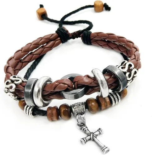 Suyi brazalete ajustable con varias capas, de cuero tejido trenzado con cruz. Pulsera tipo esclava.
