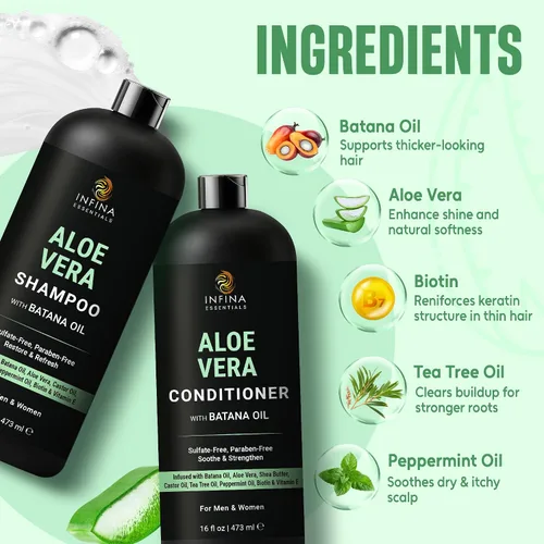 Miniatura 4 de INFINA ESSENTIALS Juego de champú y acondicionador de aloe vera 16 onzas líquidas cada uno con aceite de batana Fórmula hidratante, calmante