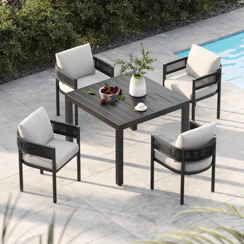 Miniatura 23 de Juego de comedor al aire libre Grand Patio de 5 piezas para 4, sillas de patio fijas de mimbre tejido metálico con cojines engrosados y 1 mesa