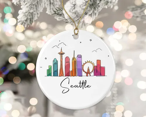 Adorno de Seattle, adorno de Navidad de monumentos de Navidad, colorido gráfico de horizonte de ciudad, nuevos regalos para Navidad impresos en