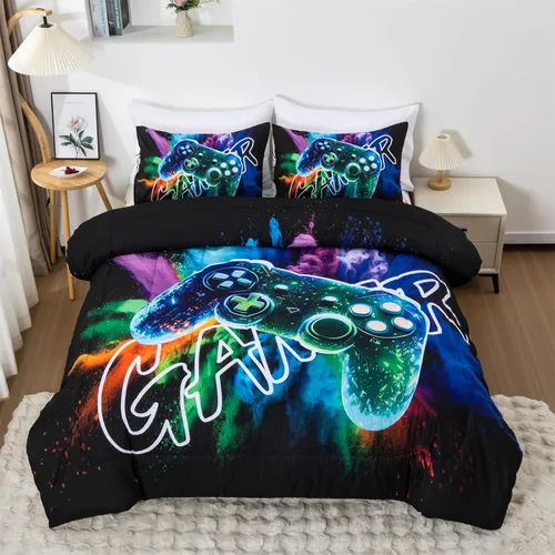 Miniatura 23 de Aimuan - Juego de ropa de cama para jugadores, conjuntos de edredón 3D con mando de juego para niños, botones de acción, controlador de juego Negro