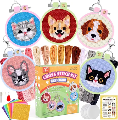 Caydo 5 piezas de kits de punto de cruz para niños con patrones de gatos y perros, kits de punto de cruz estampados para principiantes, llavero DIY,