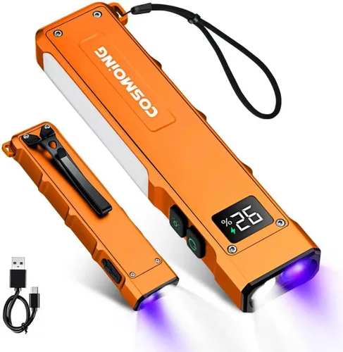 Linterna EDC recargable, linterna plana de 1800 lúmenes, 9 modos con modos LED blanco/UV/RGB, luces de bolsillo magnético con clip para campamento,