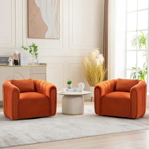 Miniatura 13 de ANJ Juego de 2 sillas giratorias de barril con almohada regordeta, silla decorativa de terciopelo holandés de canal moderno, cómodo sillón redondo