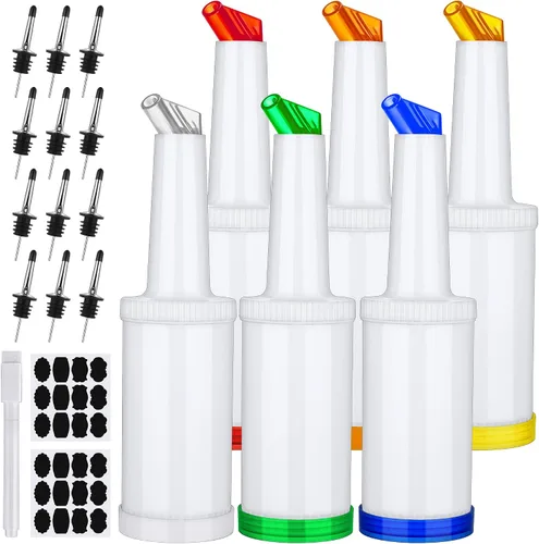 Ruisita Paquete de 6 botellas de plástico para verter jugos de 34 onzas con 12 botellas de acero inoxidable con boquilla cónica, recipientes de jugo