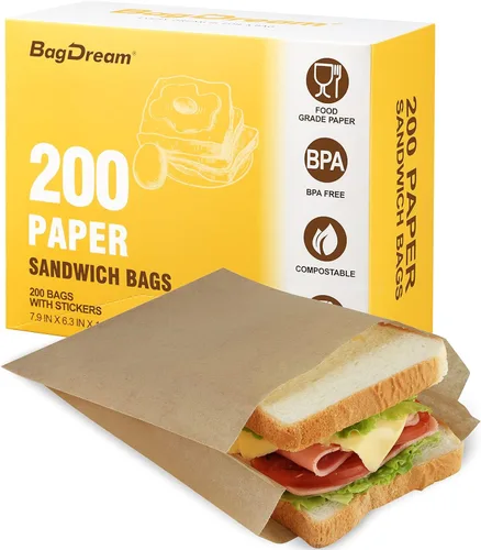 BagDream Bolsas de papel para sándwich de 7.9 x 6.3 x 1.96 pulgadas, 200 unidades, bolsas de papel reciclables para cocina, sellables con