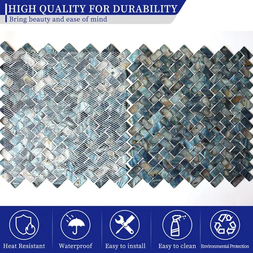 Miniatura 3 de MOP Azulejo de mosaico de concha de nácar en espiga para salpicaduras, se utilizan para salpicaduras de cocina y azulejos de pared de baño, azul