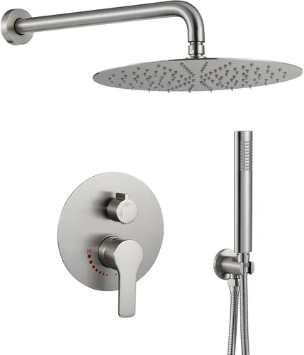 Miniatura 11 de Sistema de ducha de oro cepillado de 12 pulgadas para baño, cabezal de ducha de lluvia dorado de alta presión con rociador de mano, accesorios