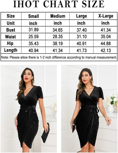 Miniatura 4 de IHOT Vestido sexy de terciopelo cruzado con cuello en V para mujer, manga corta, fruncido, vestido de fiesta de cóctel