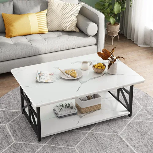 AWQM Mesa de Centro de Mármol Sintético para Sala de Estar con Esquinas Redondas, Mesa de Sala de Estar de 2 Niveles con Estante de Almacenamiento,