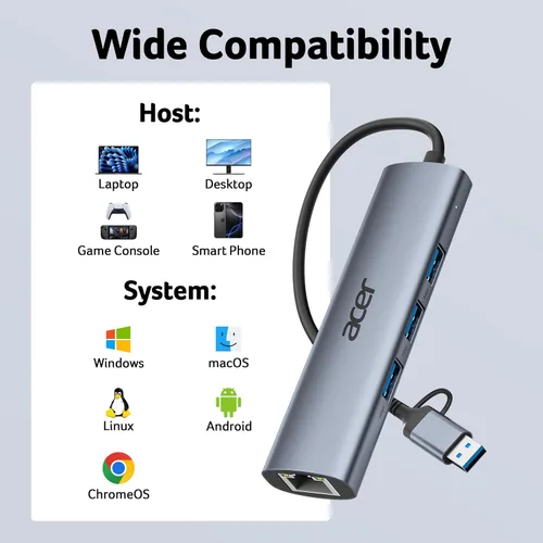 Miniatura 7 de Acer Adaptador USB a Ethernet, Hub USBC Ethernet 1Gbps con 3*USB 3.0, Disipación de Calor de Aluminio, Sin Necesidad de Controlador, Adaptador USB a