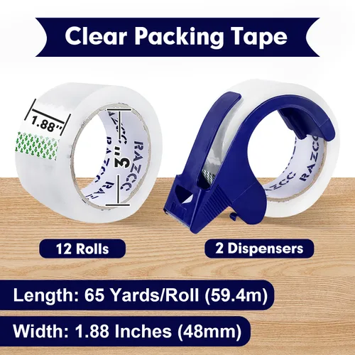 Miniatura 2 de RAZCC Cinta de embalaje, 12 rollos de cinta de embalaje transparente resistente con dispensadores para embalaje, envío, mudanza y correo, cinta