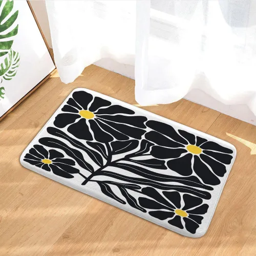 Retro Floral Abstract Bath Rugs Mat, 60s 70s Mid Century Vintage Cute Black Flower Bathroom Mat Rugs, Soft Flannel Non Slip Absorbent Bathtub Mats