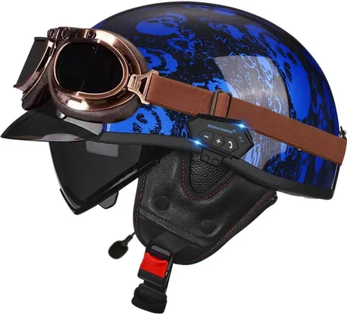 Miniatura 16 de Casco de cara abierta con Bluetooth para hombres y mujeres, casco retro de estilo alemán con diseño de calavera, visera con gafas, casco de media