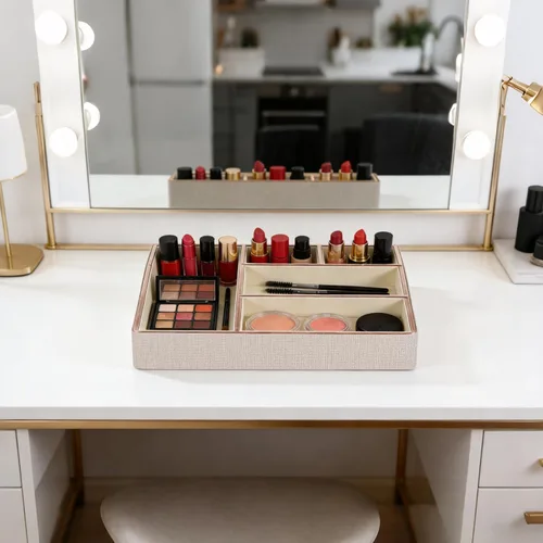 Miniatura 4 de Bandeja organizadora de maquillaje de piel sintética, organizador grande de tocador, caja de almacenamiento de cosméticos para pinceles de lápiz