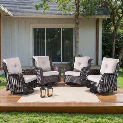 Miniatura 96 de HUMMUH Sillas Mecedoras Giratorias de Mimbre para Patio Exterior con Respaldo Alto, Sillas Deslizantes de Ratán PE, Juego de Muebles de Patio de 4
