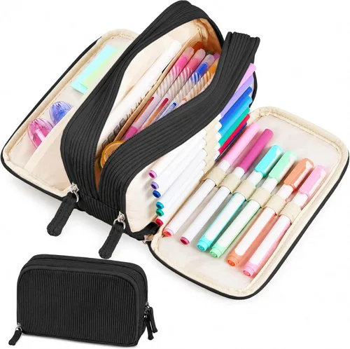 Miniatura 8 de Sooez Estuche de Lápices de Gran Capacidad con Funda para Bolígrafos, Bolsa de Lápiz de Corduroy Suave con 3 Compartimentos, Múltiples Bolsillos