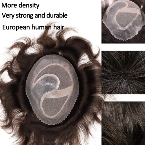 Miniatura 2 de Toupee para hombres sistemas de reemplazo de cabello humano real europeo para hombres, postizos finos, centro de encaje, piel más gruesa, pieza
