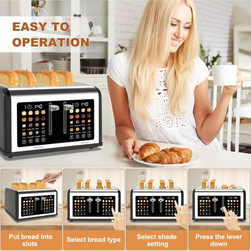 Miniatura 6 de Tostadora de 4 rebanadas con pantalla táctil, tostadoras de acero inoxidable con temporizador digital, tostadoras de panel de control dual, 8