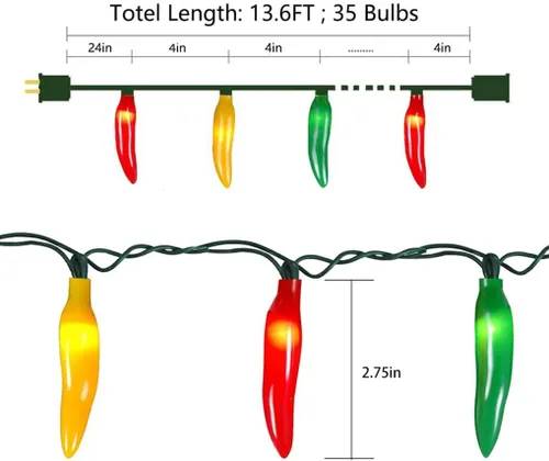 Miniatura 2 de Guirnalda de luces de Navidad de chile de 13.6 pies con 35 chiles calientes multicolor blanco cálido, luces incandescentes de pimienta