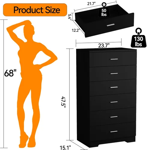 Miniatura 2 de Cómoda de 48" de alto para dormitorio, cómoda de madera con 6 cajones con tomas de corriente, cómoda con gran espacio de almacenamiento y asas